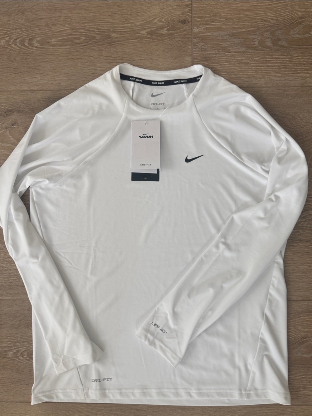 NWT Nike SWIM White Long-Sleeve Dri-FIT SPF 40 Top with Black Swoosh